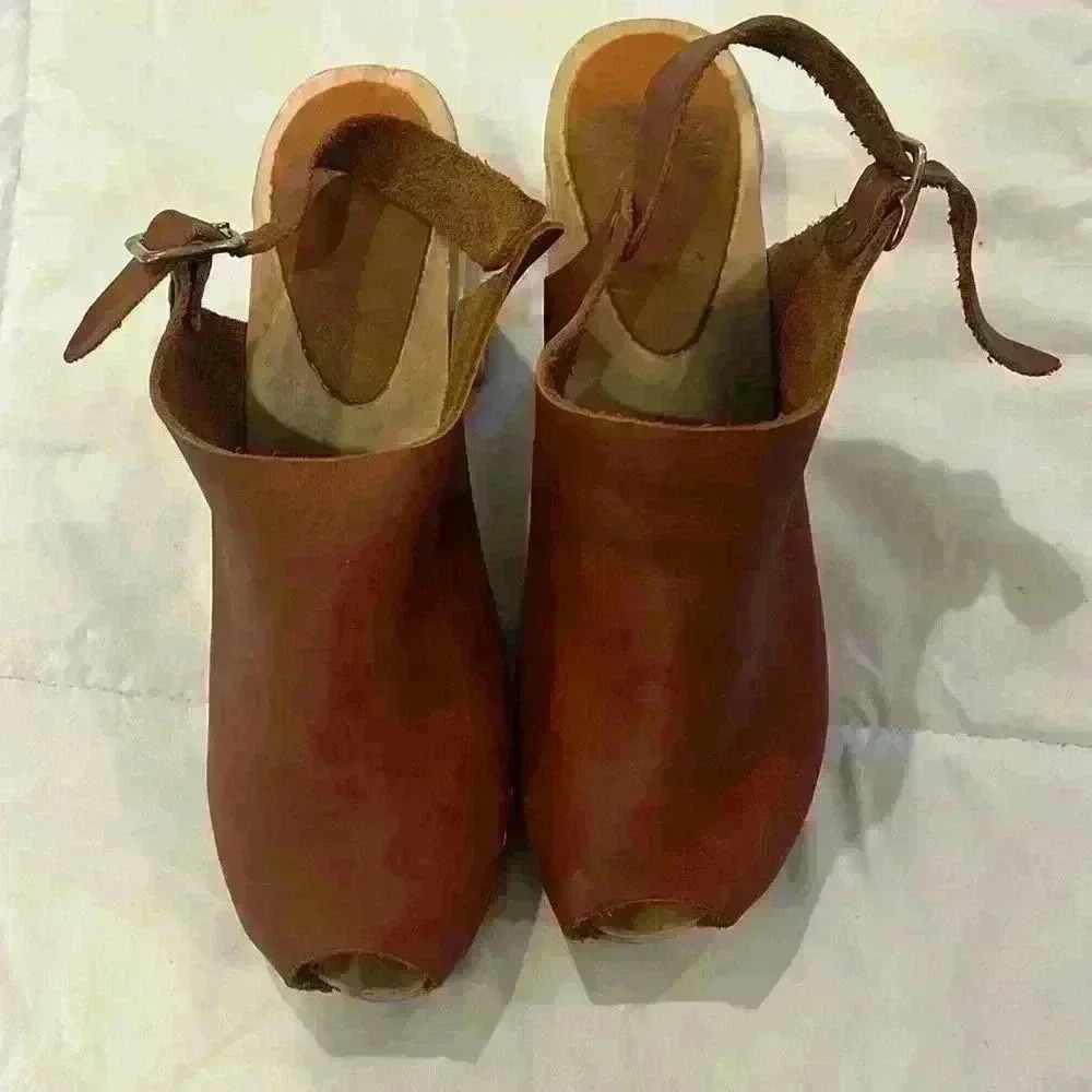 Bryr Suzie Spanish Open Toe Leather Slingback Wood Clogs EU39